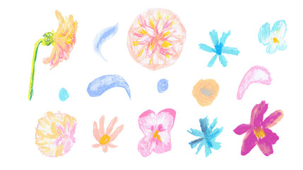 Fototapeta na wymiar Set of spring flowers hand drawn wax crayons in children's style.Textured,floral collection of illustrations with pastel pencils on white isolated background.Designs for packaging,stickers,banners.