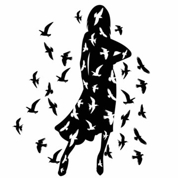 flying birds and girl black silhouette, isolated, vector