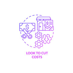 Look to cut costs purple gradient concept icon. Budgeting for small business abstract idea thin line illustration. Isolated outline drawing. Roboto-Medium, Myriad Pro-Bold fonts used