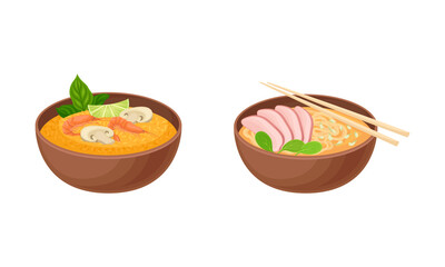 Appetizing Thai Cuisine Dish with Shrimp and Noodle Soup in Bowl Vector Set