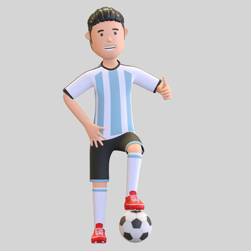 Argentina National Football Player Man Standing With Ball Under His Foot 3d Render Illustration