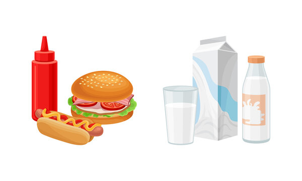 Fast Food with Hot Dog and Hamburger and Dairy Milk Foodstuff in Bottle and Carton Vector Set