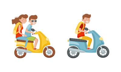 Young Man and Woman Tourist with with Backpack Riding Scooter Travelling on Vacation Vector Set