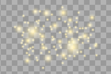 Yellow sparks glitter special light effect. Vector sparkles on transparent background. Christmas abstract pattern. Sparkling magic dust particles