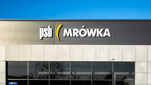 Gajkow,  Poland- March 6, 2021; Picture of Mrowka building store logo.