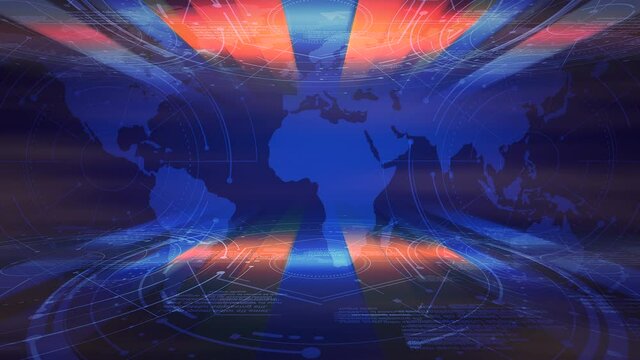 Newsroom with red lines and blue world map, business, corporate and news style background