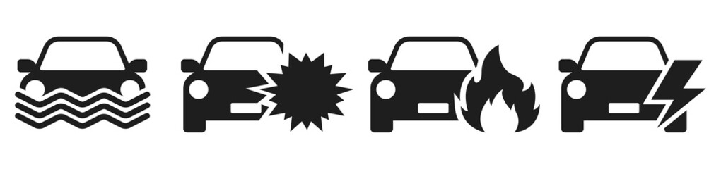 Car accident icon. Auto crash signs. Broken cars in traffic. Vector illustration. - obrazy, fototapety, plakaty