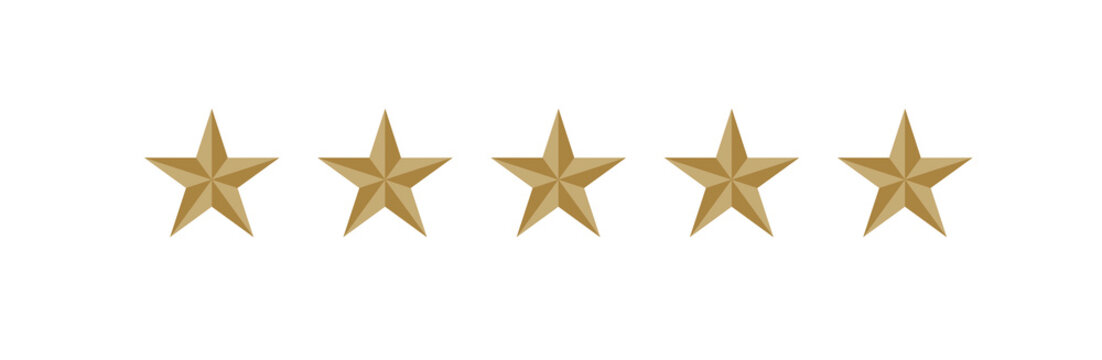 Five volumetric gold stars. Five-pointed star 3D. Quality and rating symbol. Isolated vector illustration on white background.