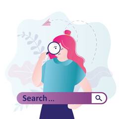 Girl cannot find information she needs. Search bar. Woman with magnifying glass looking for data in browser