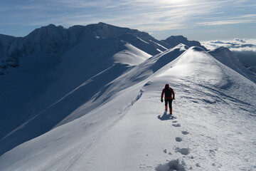 hiker in the mountains, Tiganesti Peak, Bucegi Mountains, Romania 