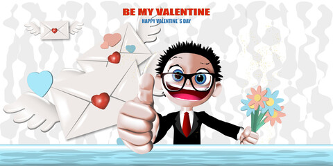 Young man with thumbs up and flowers. I like Valentine's Day. Envelope decoration with wings with love messages, on white background with gray abstract drawing