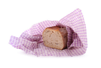 Bread in beeswax food wrap on white background