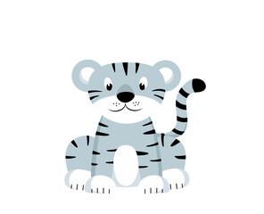 Cute cartoon blue tiger isolated on white background. Symbol of new year 2022