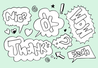 Hand drawn set of speech bubbles with handwritten short phrases  nice, ok, wow, thank's, yeah on blue background.