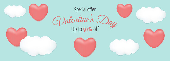 Poster, banner, flyer for Valentine's day sale with heart in clouds.