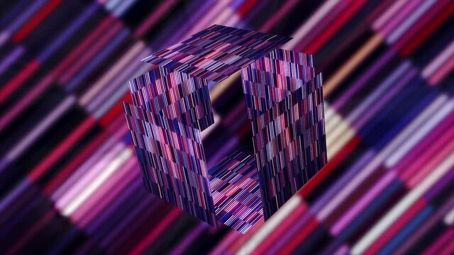 Bright purple and blue square in 3d. Motion. A shiny purple and green futage with a cube that opens and closes and glitters at the same time .