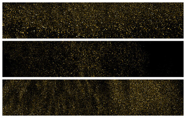 Set Of Gold Glitter Texture Isolated On Black. Amber Particles Color. Celebratory Panoramic Background. Golden Explosion Of Confetti. Long Horizontal Banner. Vector Illustration, Eps 10.
