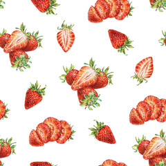 Strawberry on white background. Watercolor drawing of strawberry berries. Handwork drawn. Watercolor seamless strawberry pattern for fabric design