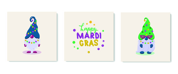 Mardi Gras Gnomes vector set. Happy Mardigras handwritten text. Cute elf isolated on white background. Cartoon characters. Flat design for holidays decoration, greeting cards, gift tags, t-shirt print - obrazy, fototapety, plakaty