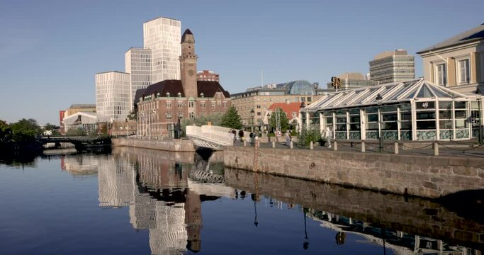 Bagers Plats, Malmoe, seen from Norra Vallgatan an early autumn morning. View over Bagers Bridge, Borshuset and the inner harbor with Universitetsholmen 09/02/2021
