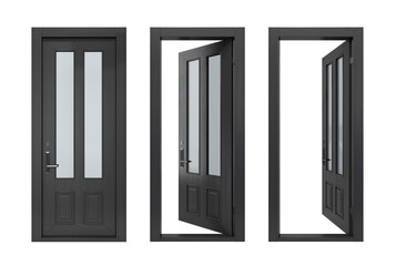 A set of black wooden doors at different stages of opening. Closed and open doors. 3D rendering