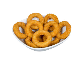 fried onion rings in plate on white background
