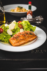 Delicious Food Contemporary Classic Dish Plate Menu Lunch Dinner Gourmet Dessert Chef Pasta Shrimp on a Dark Table