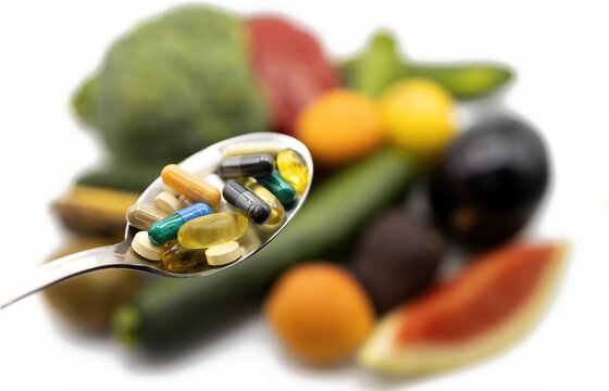 Capsules and pills of nutritional supplements and fresh vegetables and fruits background, concept of healthy life and supplementation