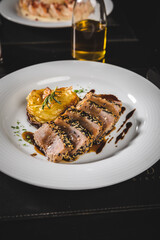Delicious Food Contemporary Classic Dish Plate Menu Lunch Dinner Gourmet Dessert Chef Pasta Shrimp on a Dark Table