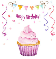 Watercolor delicious cupcake and festive elements for birthday design isolated on white background.