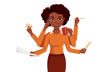 Busy businesswoman vector illustration. Cartoon business woman office worker talks phone effective multitasking employee