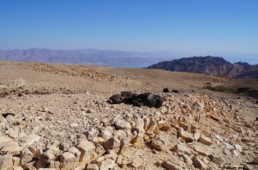 Hiking in the mountains and a view onto Eilat gulf of the Red sea