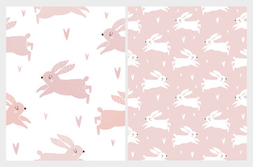 Cute Hand Drawn Seamless Vector Patterns with Sweet Bunnies. Lovely Nursery Print with 3 Funny Rabbits on a White and Pastel Pink Background ideal for Fabric, Wrapping Paper. Lovely Easter Print.