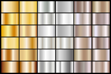 Gold foil, silver, and bronze texture background. Gold, copper, brass, and metal gradient vector template. Vector graphics of shining rainbow patterns. Collection of holograms with metallic gradients 