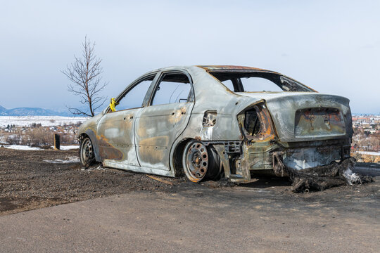 Superior Colorado United States of America. December 30 2021. Oerman-Roche park. Car burned in the Marshall Fire 