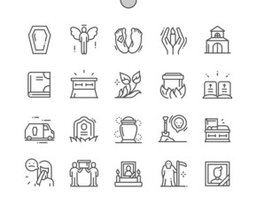 Funeral. Mourn dead. Bible and church. Graveyard, remembrance, spiritual death. Memorial table. Pixel Perfect Vector Thin Line Icons. Simple Minimal Pictogram
