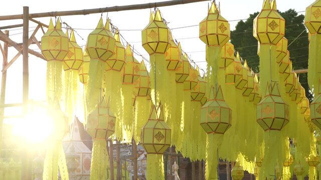 Yellow Lanna Tung decorates the Loi Krathong festival in Chiang Mai. Tung Lanna, word Tung is a northern dialect. It means a flag used for hanging in Lanna's art. Can be seen in the north of Thailand