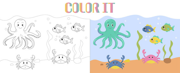 Vector cartoon of marine animals, octopus and crabs with colorful fishes underwater. Happy smiling sea animals. Coloring book or page for kids