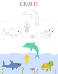 Vector cartoon of marine animals, starfish on turtle s back with colorful fish, jellyfish, shark underwater and dolphin jumps out of the water. Cute smiling sea animals. Coloring book or page for kids