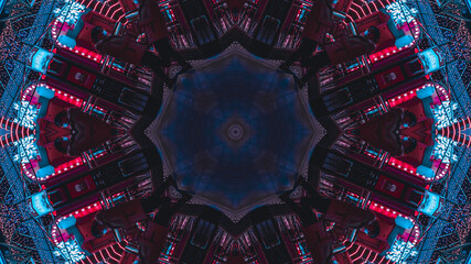 abstract blue and red glow technology future kaleidoscope background, shades of black, square and line