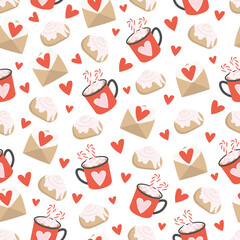 Cute seamless pattern for Valentine's day with hearts, mugs, envelopes and cinnabons. Background for gift boxes, wrapping paper, wallpapers, textiles, papers, fabrics.