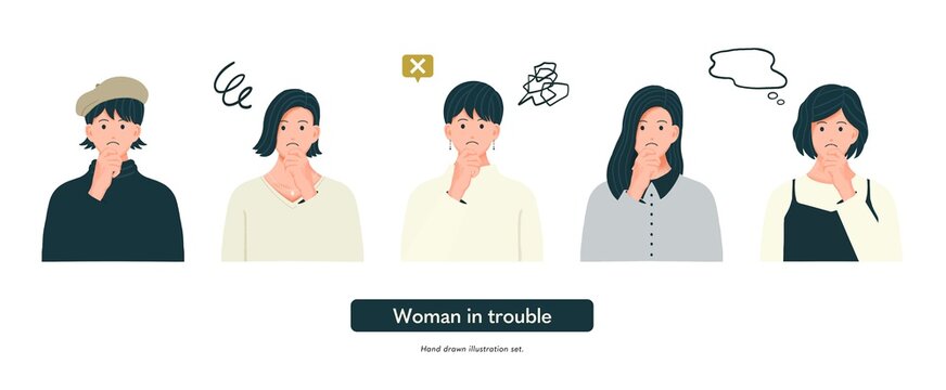 困っている、考えている女性のイラストセット　アイコン　上半身