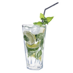 Summer drink, MOJITO with ice and lime. Water digital drawing.