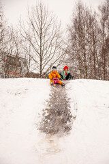 Happy children riding down   ice slide
