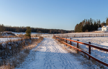 Winter rural road over field 