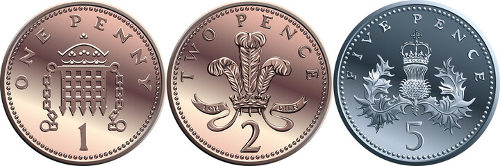 Vector Set british coin one, two, five pence, reverses with Portcullis and crown, plume of ostrich feathers within coronet and Thistle royally crowned - obrazy, fototapety, plakaty