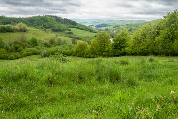 wonderful countryside rural landscape. beautiful view of idyllic mountain scenery in the carpathians. fresh green forests and meadows. overcast rainy morning. village in the distant valley