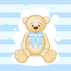Cute bear with blue balloon and stars on blue striped background. For baby shower, posters, invitation, postcard, greeting card, labels.