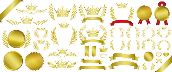 【ベクターai】ゴールド王冠アイコン月桂樹エンブレムと金色メダルイラスト素材セット - obrazy, fototapety, plakaty