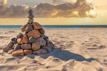Pyramide aus Steinen am Strand vor dem Hintergrund von Meereswellen und Sandstand auf dem Darß bei Prerow an der Ostsee - obrazy, fototapety, plakaty